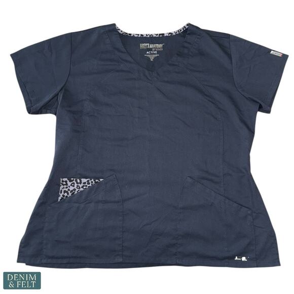 Grey’s Anatomy Active Navy Scrub Top Leopard Trim Soft Stretch Workwear XL - Picture 1 of 7